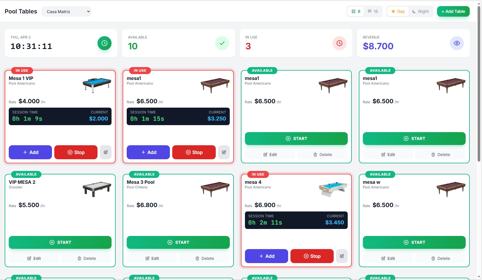 BilliardPOS table management dashboard showing real-time status and timer billing for pool tables